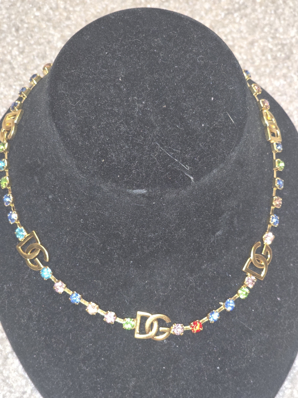 Gold-Tone Multicolor Crystal Necklace with Interlocking Logo Links